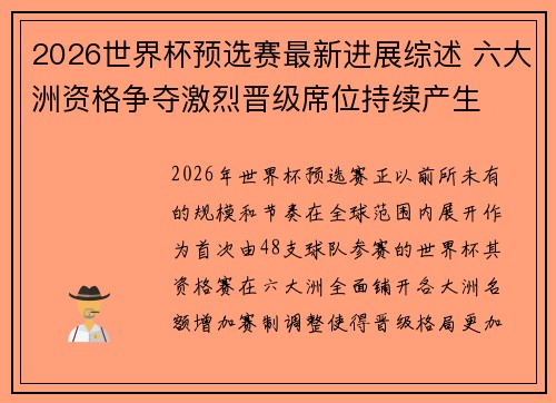 2026世界杯预选赛最新进展综述 六大洲资格争夺激烈晋级席位持续产生